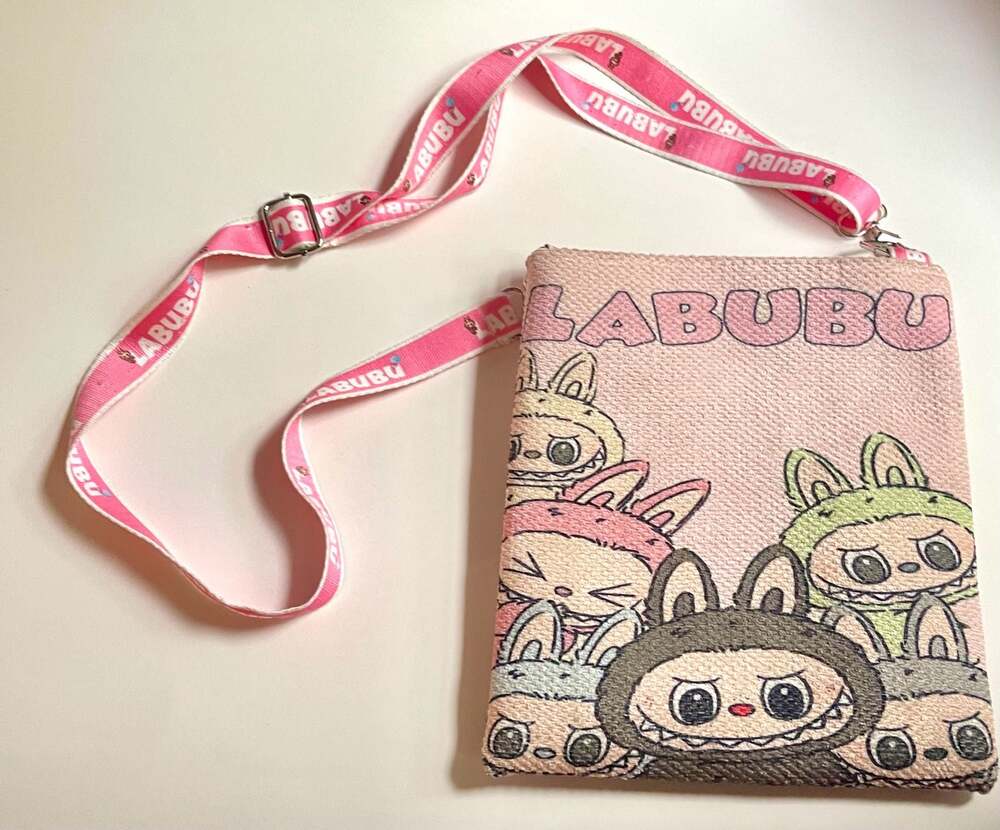 Labubu The Monsters Pink Towel Material Crossbody Bag with Pink Printed Strap